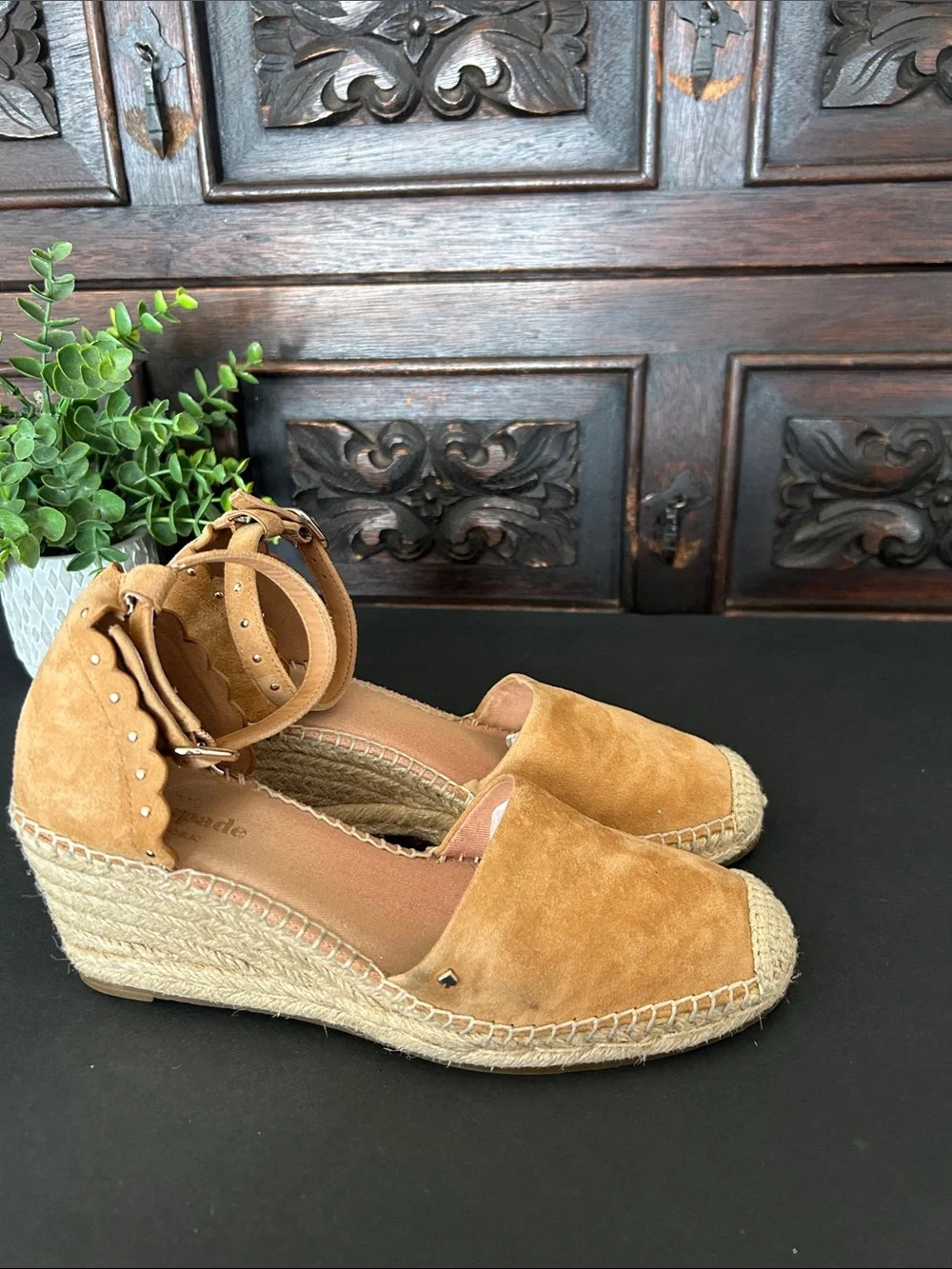 kate spade Tan Suede Espadrille Wedge Sandals with Ankle Strap